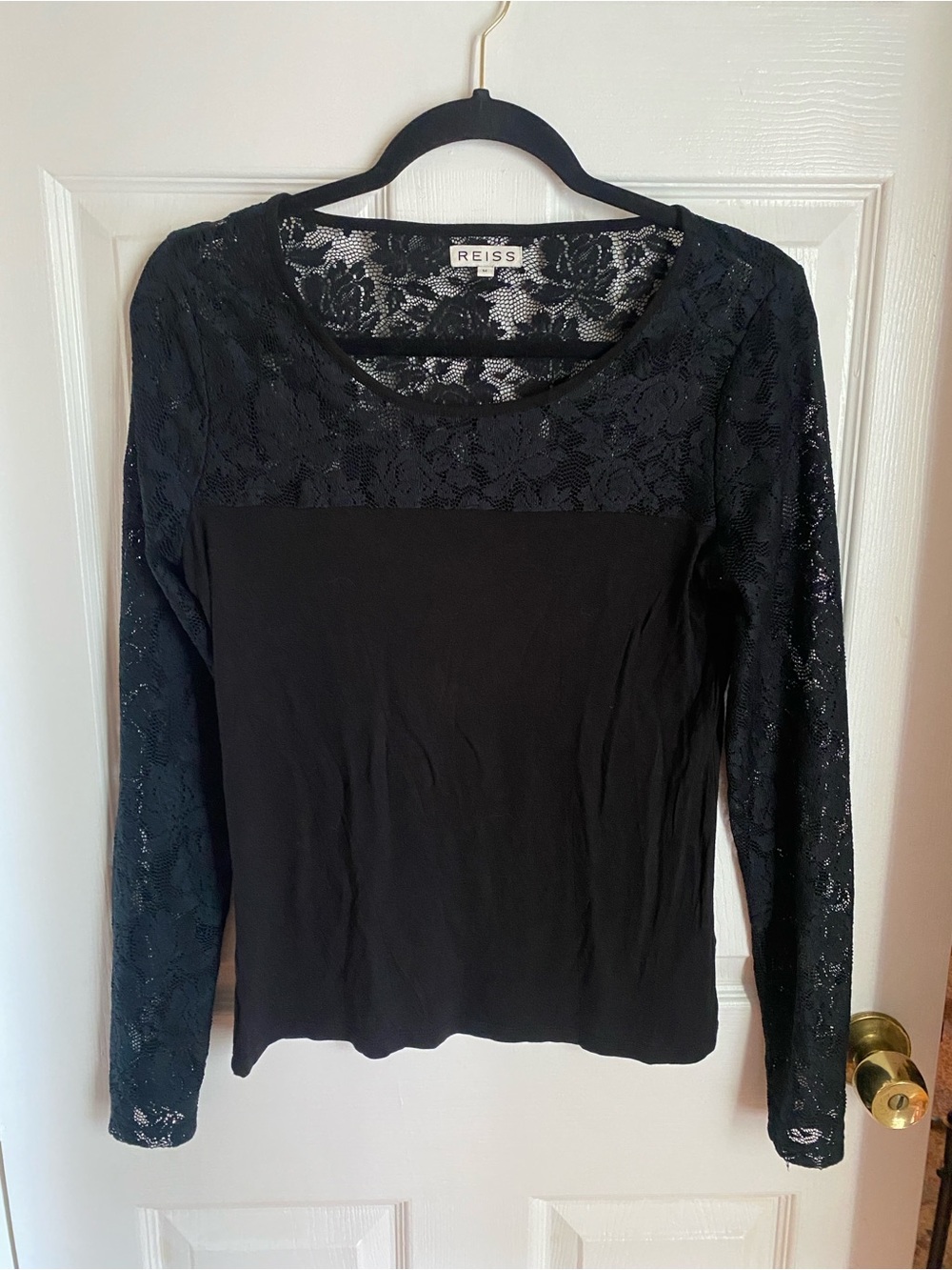 Reiss Black Long Sleeve Blouse with Lace Yoke Medium